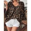 Damen Lässiger Pullover mit Leopardenmuster, V-Ausschnitt, Dreiviertelärm