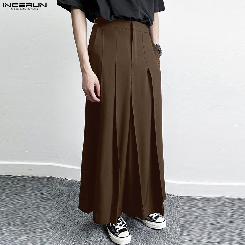 INCERUN Men Casual Zip-up High Waist Long Pleating Wide Legs Pants Trousers