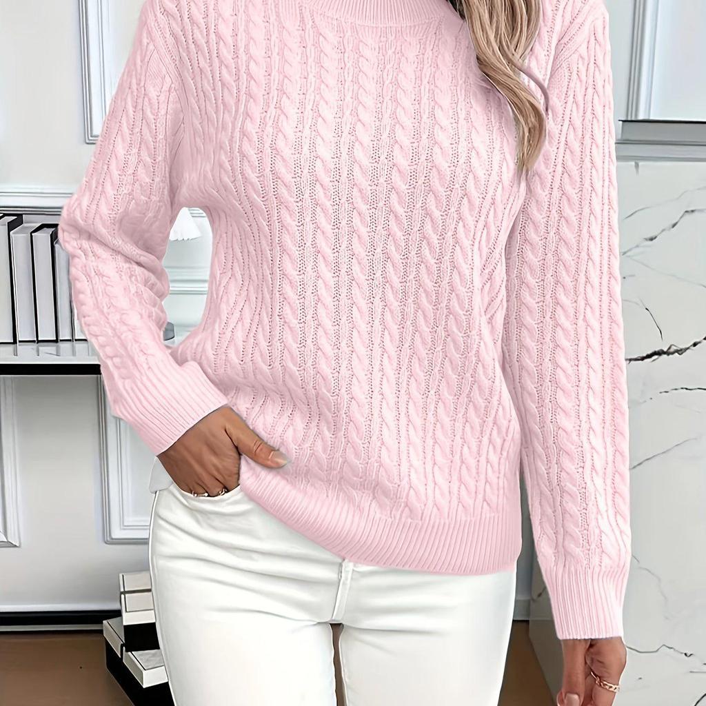 Women's Solid Color Cable Knit Crew Neck Sweater for Autumn/Winter 2025