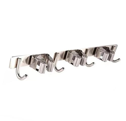 3 Racks and 4 Hooks Broom Holder Mop Hanger 304 Stainless Steel Multifunctional No Punch Laundry