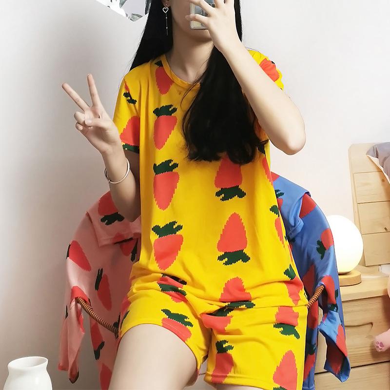 Letni zestaw piżam damskich: Okrągły dekolt, Krótki rękaw, Nadruk z kreskówką, Odmładzająca odzież domowa