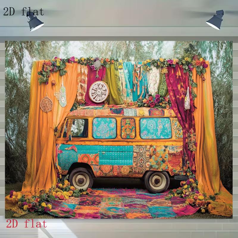 2D Boho Hippie Van Backdrop Colorful Retro Bus Photography Background