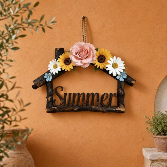 House Plate, Handmade Rustic Wall Door Sign, with Seasonal Flowers And Hemp Rope Lanyard, for Holiday Decoration