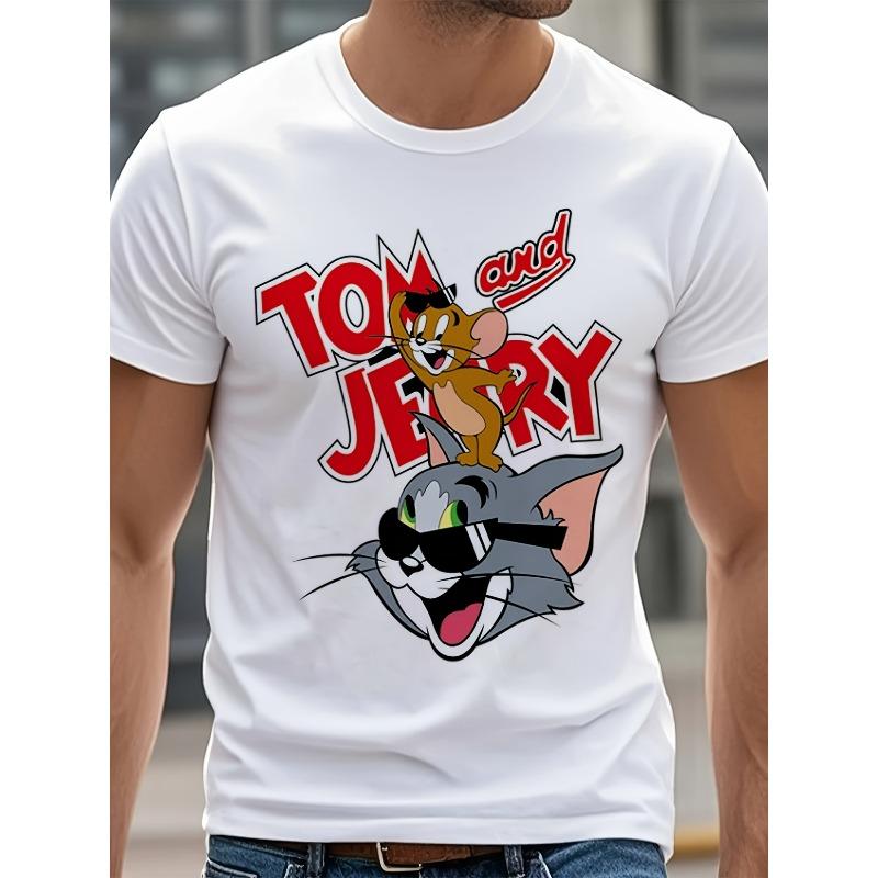 European Sizes 1pc Men's Tom & Jerry Print T-Shirt - Plus Size Oversized Tee with Iconic Tom & Jerry Mouse