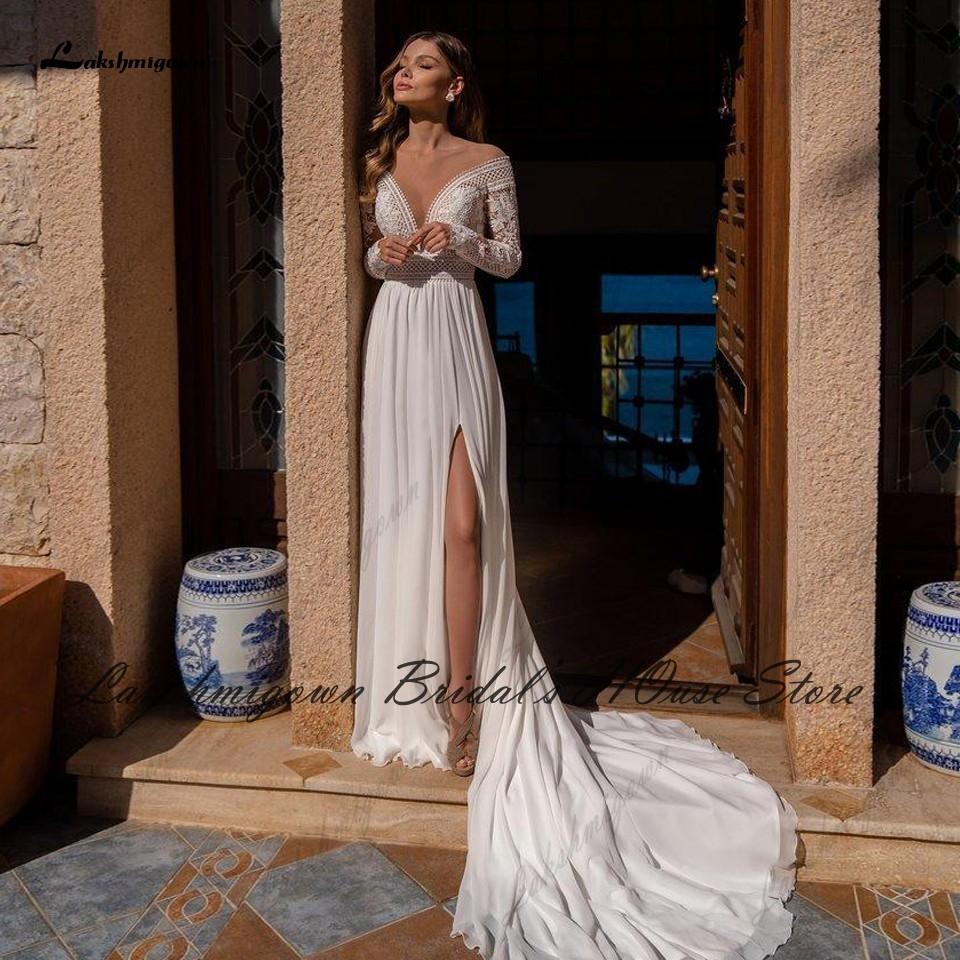 Lakshmigown Bohemian Brautkleid Spitze Langarm Sexy Brautkleid Open Back 2022 Vestidos Strand Brautkleider Side Split