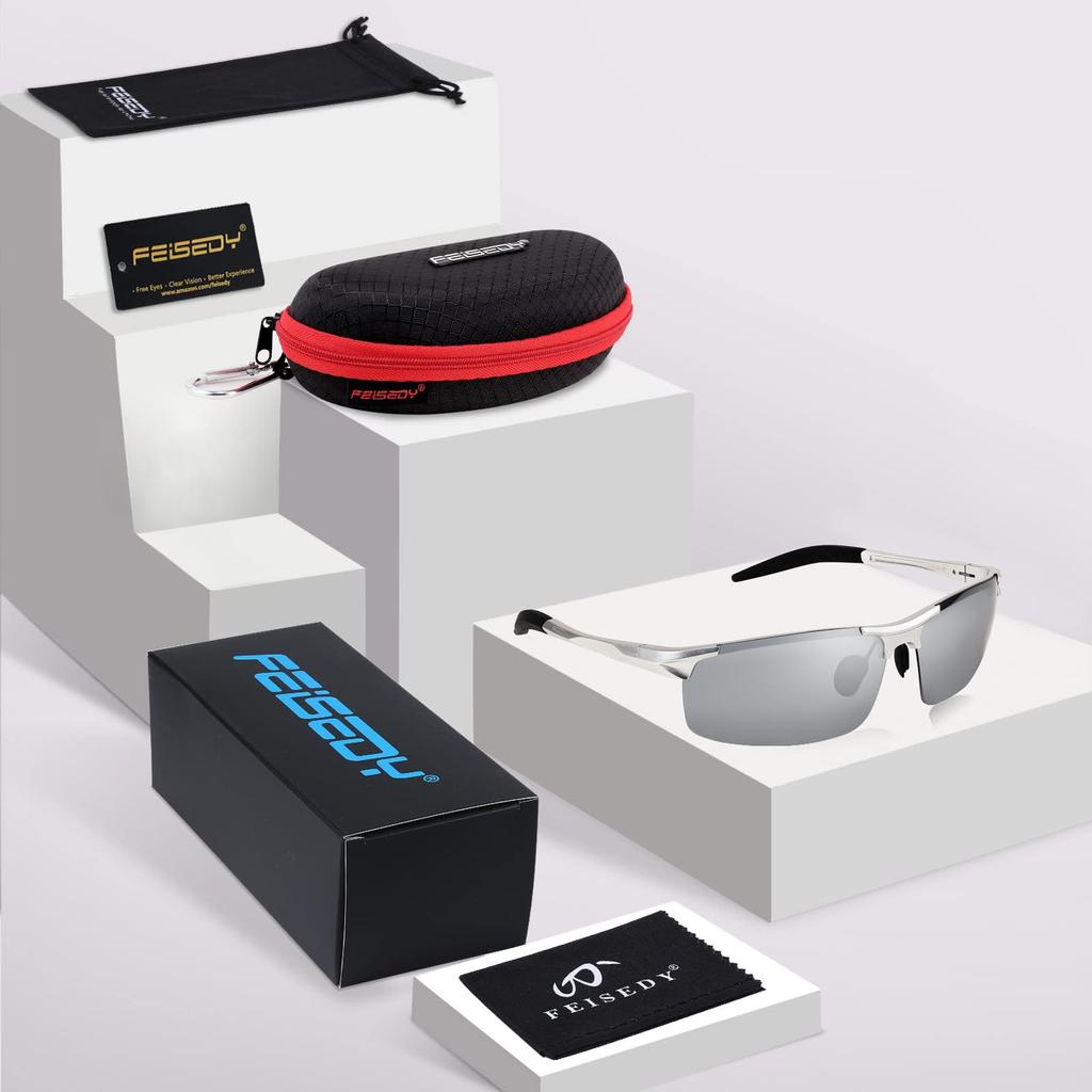 [FEISEDY] Sports Sunglasses for Men and Women, Polarized, UV400 Protection, Ultra-lightweight, Suitable for DrivingFishing (Silver Frame & Silver