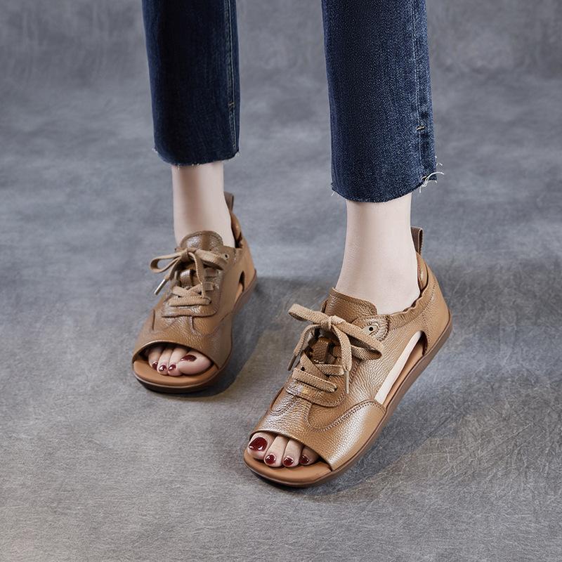 Fashion GKTINOO Genuine Leather Sandals Women 2025 Summer Open Toe Flat Shoes Handmade Retro Lace-Up Comfort Soft Casual Roman Sandals