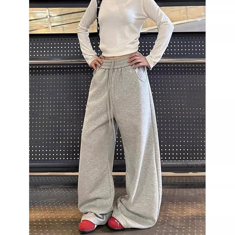 

BaoBaoTang Unisex Retro Fleece-Lined Sweatpants - Loose, Versatile, Trendy White-Gray S