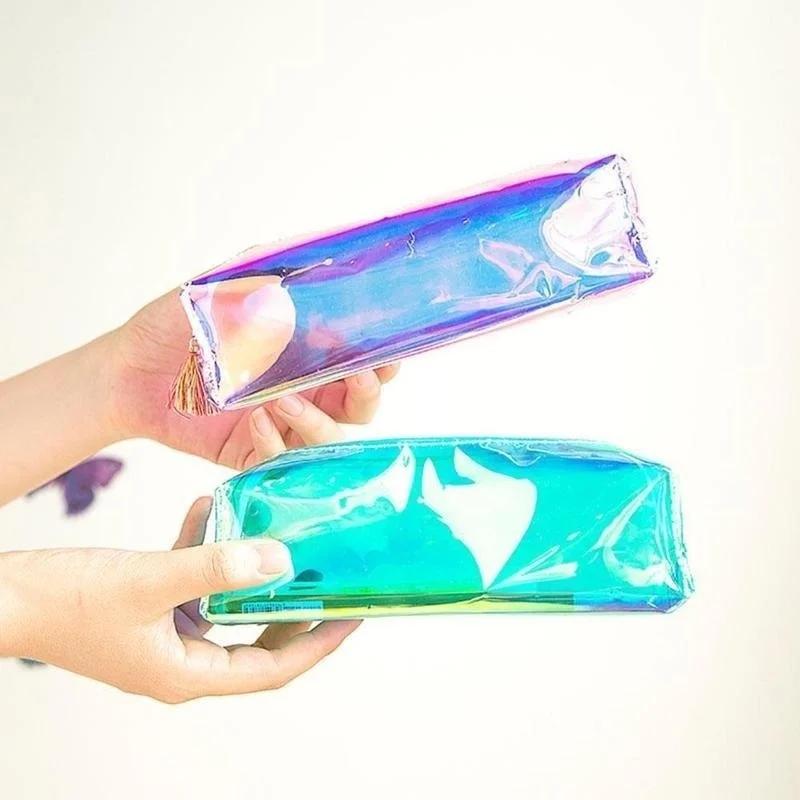Kawaii Laser Transparent Reflekterande Pennfodral Väska Stor Kapacitet Skolmaterial Skrivmaterial Förvaring av Pennor Slumpmässig
