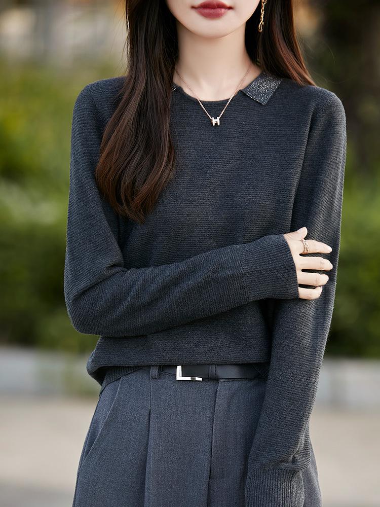Small Lapel Fine Wool Knitted Pullover Sweater for Women - 2025 Autumn/Winter Collection, Solid Color, Loose Fit, Base Layer