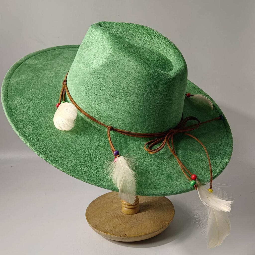 2026Bohemian style suede hat, brim 9.5 cm fedora with feather accessories, classic church hat, wide brim hat, women's hat