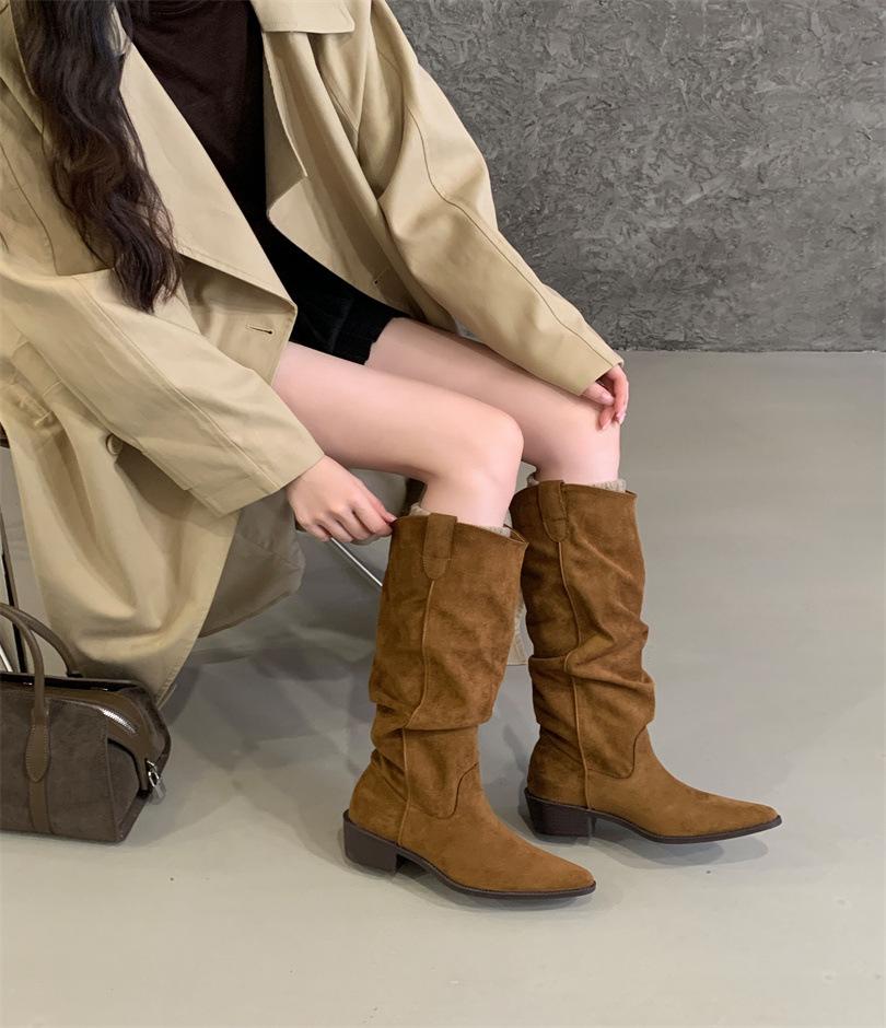 Pile Boots Vintage Suede Khaki Boots 2025 Women's Boots French Autumn Skinny Boots Thick Heel High Boots
