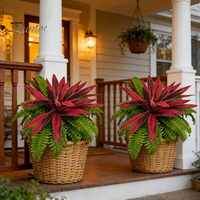 Fake Fern Bushes for Flower Baskets UV-Resistant Artificial And Red Dracaena Decorative Plants, Lifelike Faux Full Lush Plants Plant Ferns Together