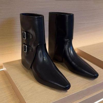 Women's Shoes, Square-toed Shoes, Chunky-heeled Ankle Boots, New Retro Button-up Mid-calf Boots
