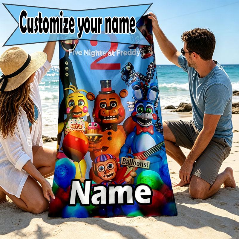 Personalisierter Strandtuch mit individuellem Namen für Five Nights at Freddy's, für Reise Camping Strandparty Heimdekoration, Geburtstagsgeschenk für Familie & Freunde