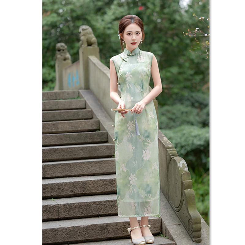 Green mesh Hong Kong style sleeveless new Chinese cheongsam spring and summer new slim and thin young girls daily wear