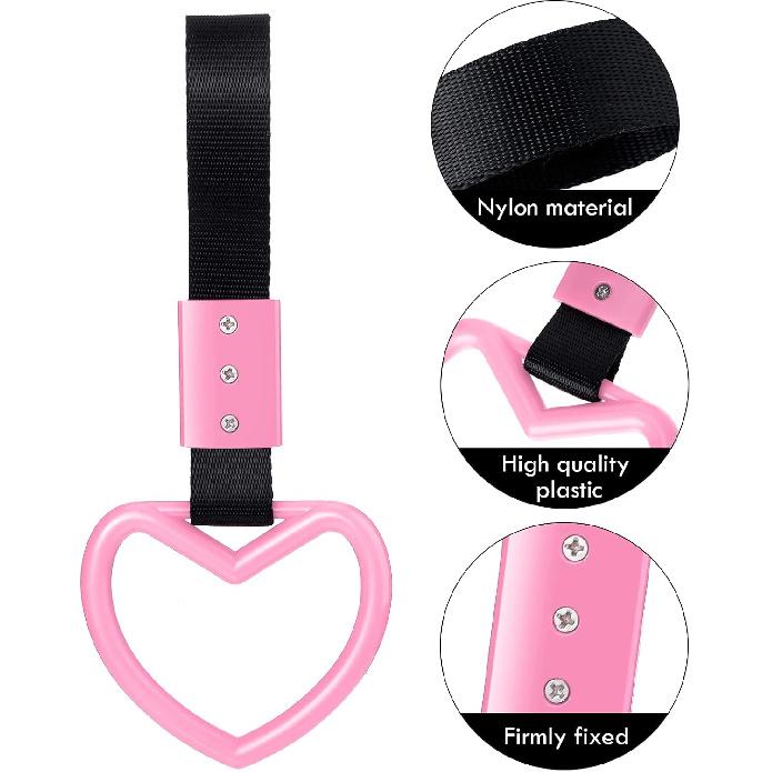 BBTO 2 Pieces Heart Shaped Car Handle Straps Drift Charm Rear Bumper Warning Ring Decor Subway Bus Broken Heart Handle For Car Interior(Light Pink)