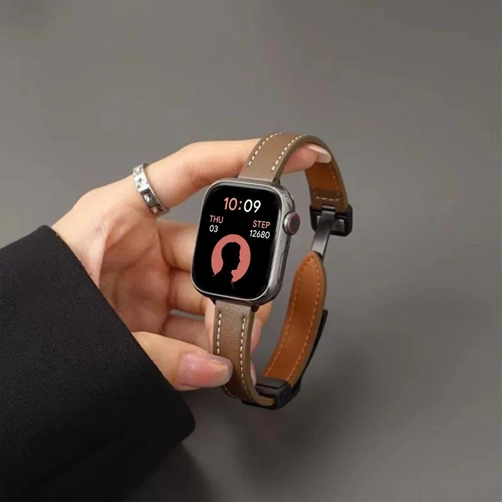 Magnetic Buckle Strap For Apple Watch 10 42/46mm SE 44 40mm 9 8 7 41 45mm Folding Slim Leather Bracelet iWatch Series 10 8 7 6 5