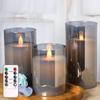 Real Wax LED Glass Pillar Flameless Candles | Faux Dancing Wick | Tinted Grey Glass | Battery Powered with Multifunctional Remote Controller