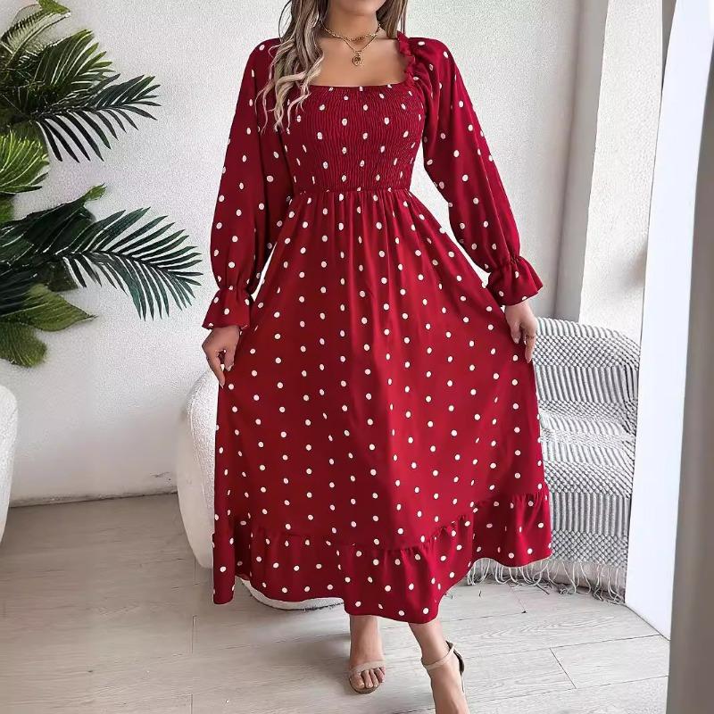 Women Casual European American Polka Dot Ruffled Square Neck Long Sleeve Flared Maxi Dress