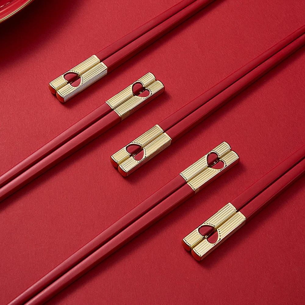 5 Pair Red Heart pattern Chopsticks Reusable 24cm Chinese Chopstick for Weddings Korean Japanese Sushi Chop Sticks Set