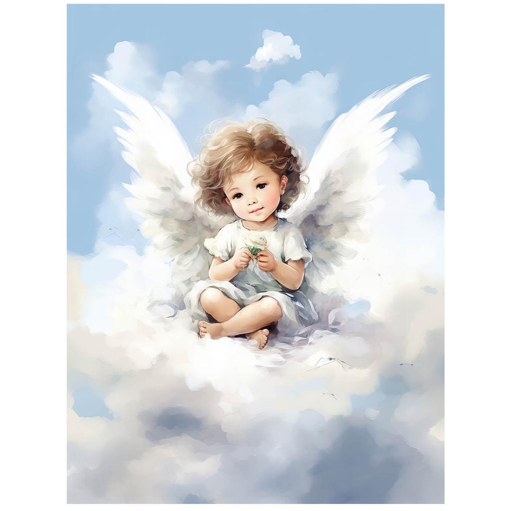 Charming Little Angel On a Cloud Charming Little Angel On a Cloud, 50X70 Cm, Light Oak Wooden Frame, Matte Paper 230 Gsm