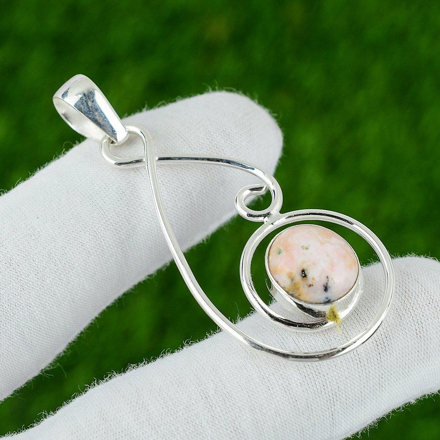 Round Natural Pink Opal Sterling Silver Wife Art Deco Birthday Pendant Jewelry