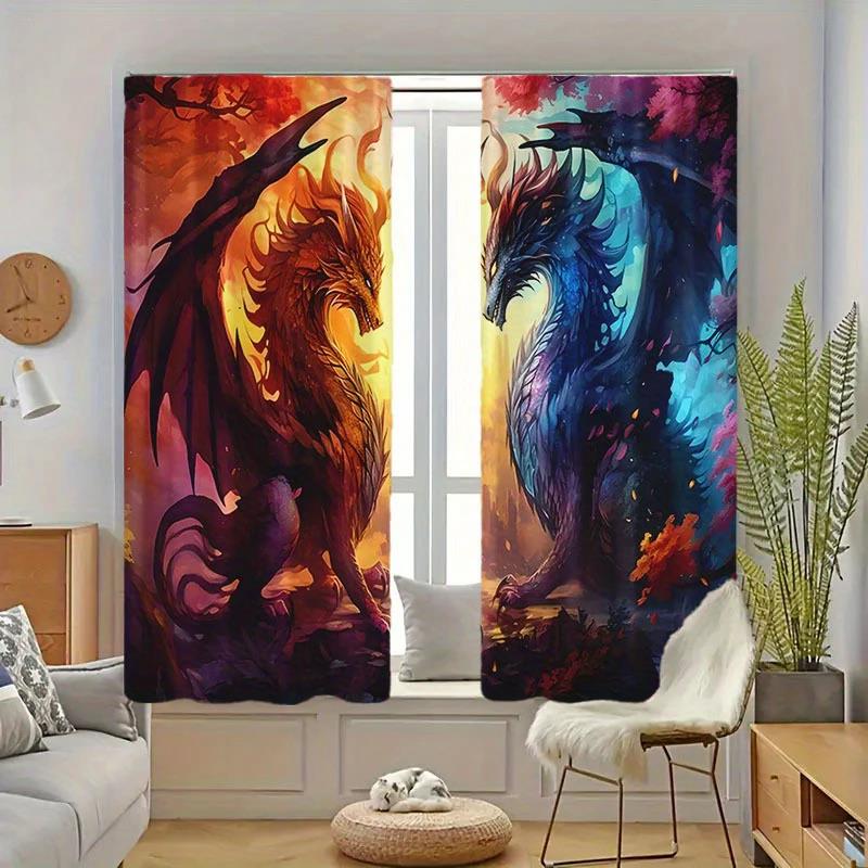 2 pieces of modern dragon pattern printed curtains, pole bag bedroom and living room, home decoration, room decoration