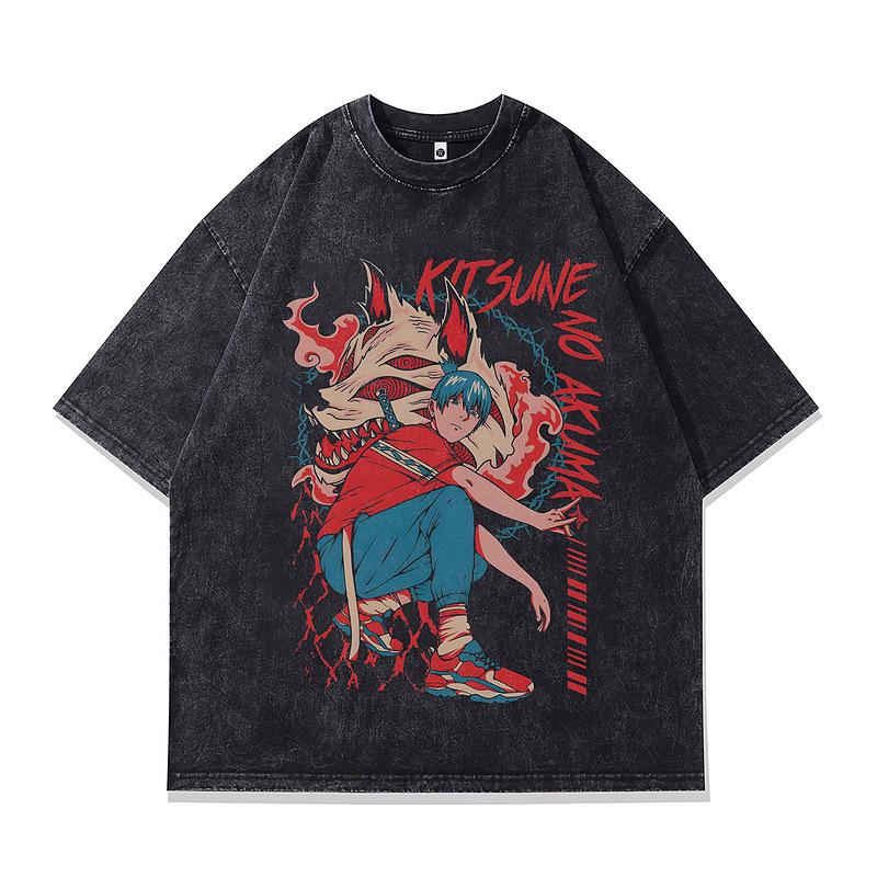 TKPA Vintage Anime Distressed Short Sleeve T-Shirt for Men & Women - Dark Style Retro American Heavyweight.