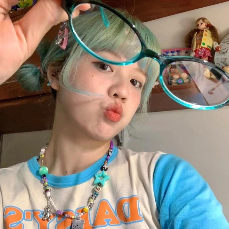 Retro Oval Glasses Women Girls Y2K Red Green Frame Glass Eyewear Decorative Computer Anti-blue Eyeglasses with Seaside Driving