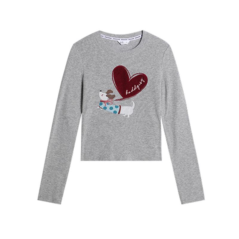 Women's Heart-Shaped Puppy Print Round Neck Long Sleeve T-shirt, Brushed for Spring, Autumn, Winter - Korean Style Fashion Base Layer.