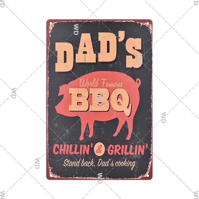 Dad's BBQ Party Metal Tin Plaque Retro Tin Signs Barbecue Rules Slogan Plate Vintage Grill Poster Yard Garden Kitchen Wall Decor