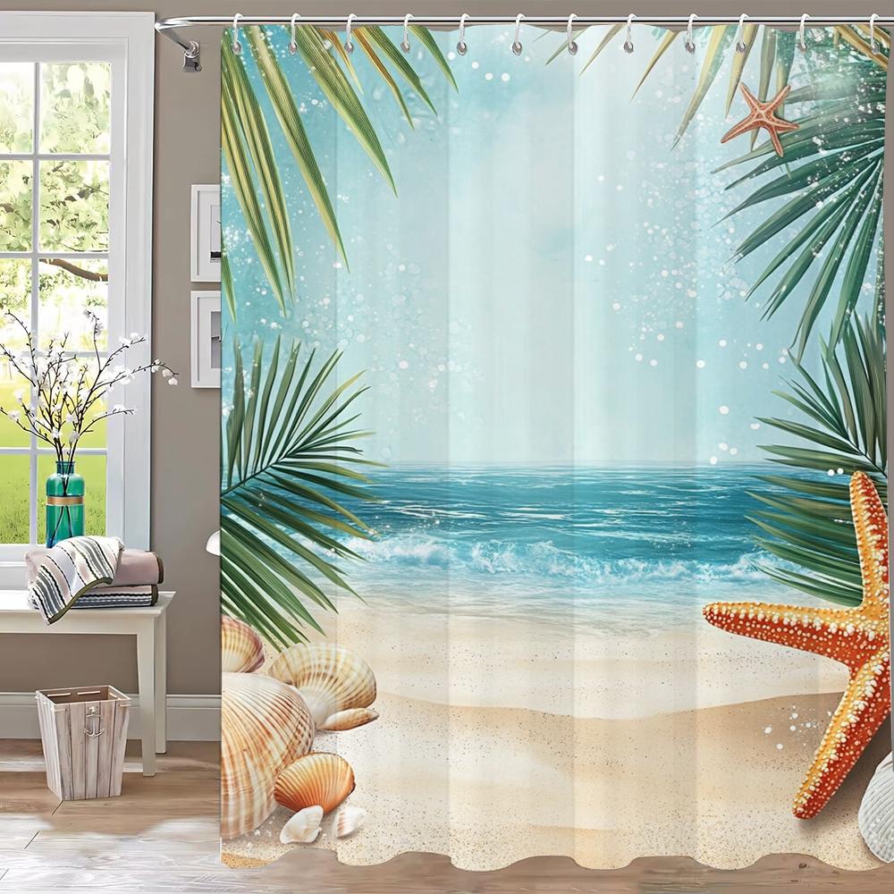 Sunshine Beach Shower Curtain,Ocean Shell Starfish Printing Polyester Fabric Bathroom Curtains for Home Decoration Curtain