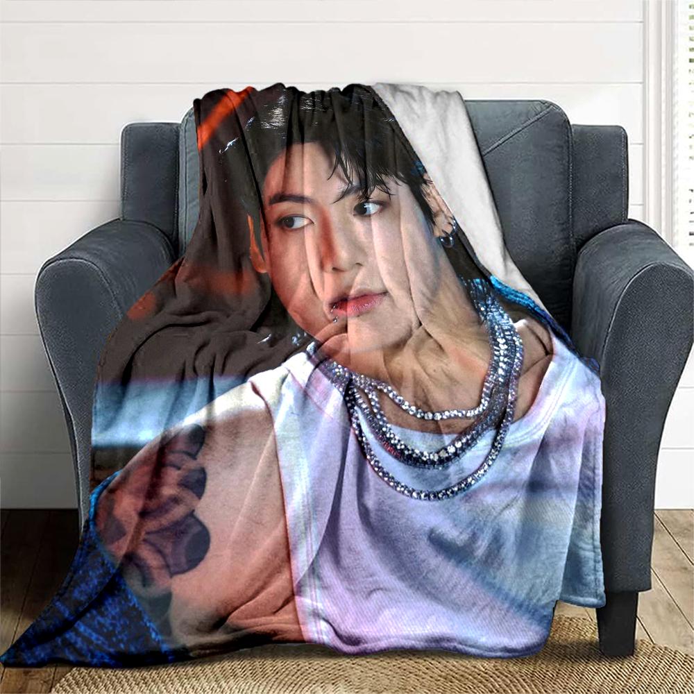 1Pc Bts Jung Kook Print Blanket Soft Comfortable Polyester Blanket All Season Use Bedroom Office Outdoor Ideal Christmas Gift Choice Print Home Blanke