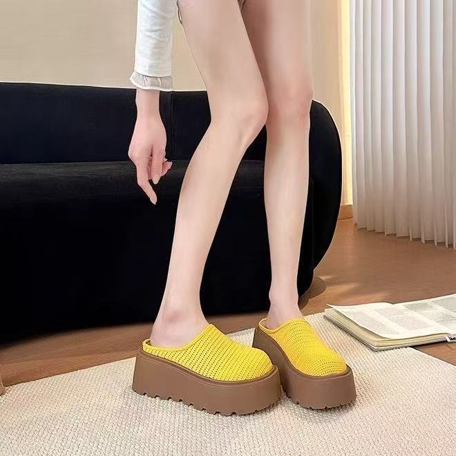 Thick-soled bag head half slippers women's outer wear 2025 summer new muffin soft bottom heightened hollow breathable slippers