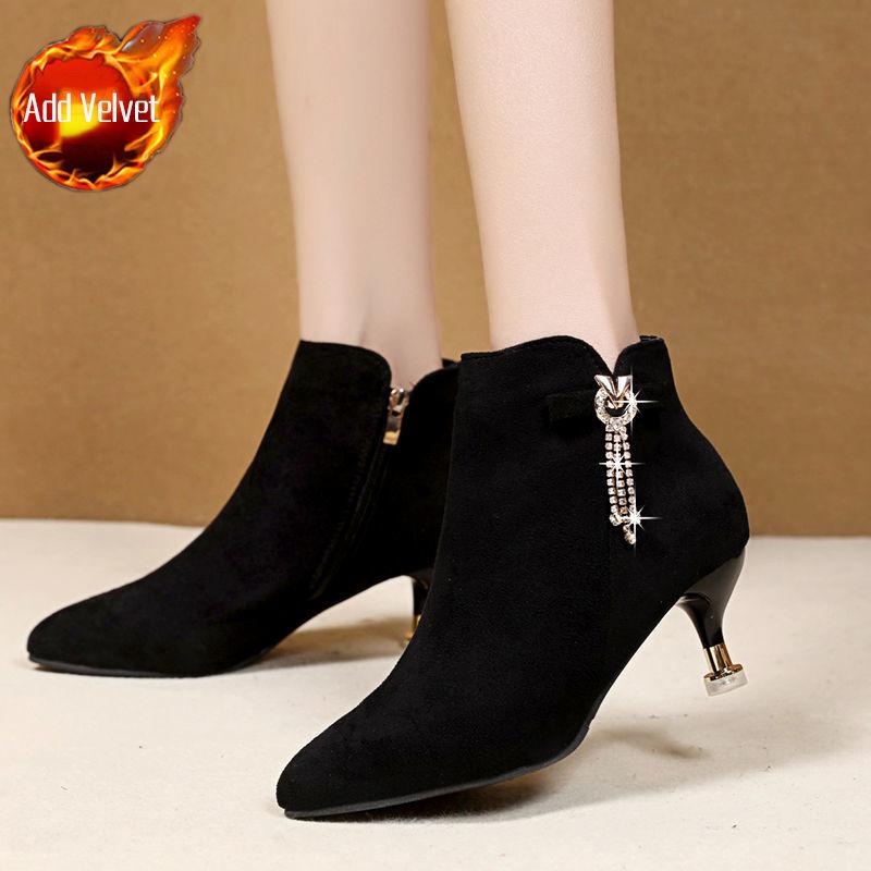 Fashion Booties Suede Black Stiletto Heel Ankle Boots for Women Rhinestone Comfortable and Elegant On Promotion Sale Woman Short Shoes