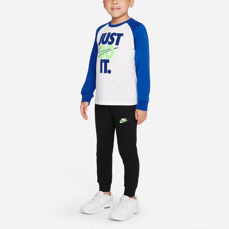 Nike Casual Sports Suit Color Block Round Neck Long Sleeve T-Shirt And Pants Lightweight Soft Kids suit White Blue Black DQ3896-010