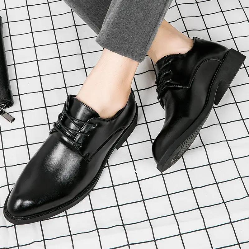 Leather Casual Dress Shoes Man Social Shoe for Men Pointed Toe Black Cheap Liquidation Clothing Low Price Clearance Footwear 39