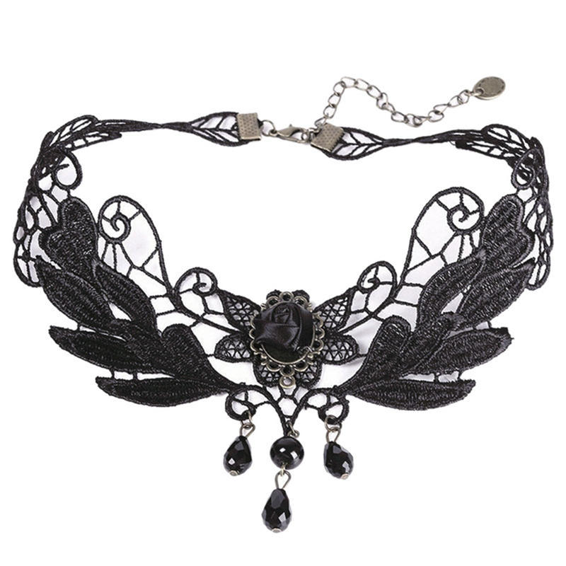Fashion Women's Black Rose Teardrop Bead Pendant Lace Choker Lolita Collar Necklace