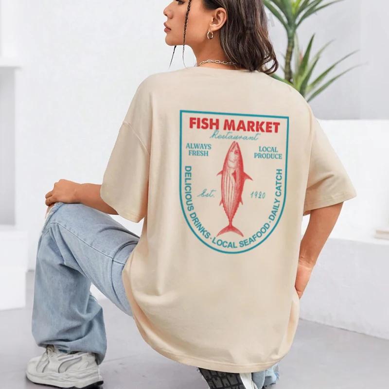 

Fish Market Back Print T Shirt Retro Aesthetic Seafood Graphic Tees Short Sleeve Summer Ocean Beach TShirts Womens Clothing 4XL