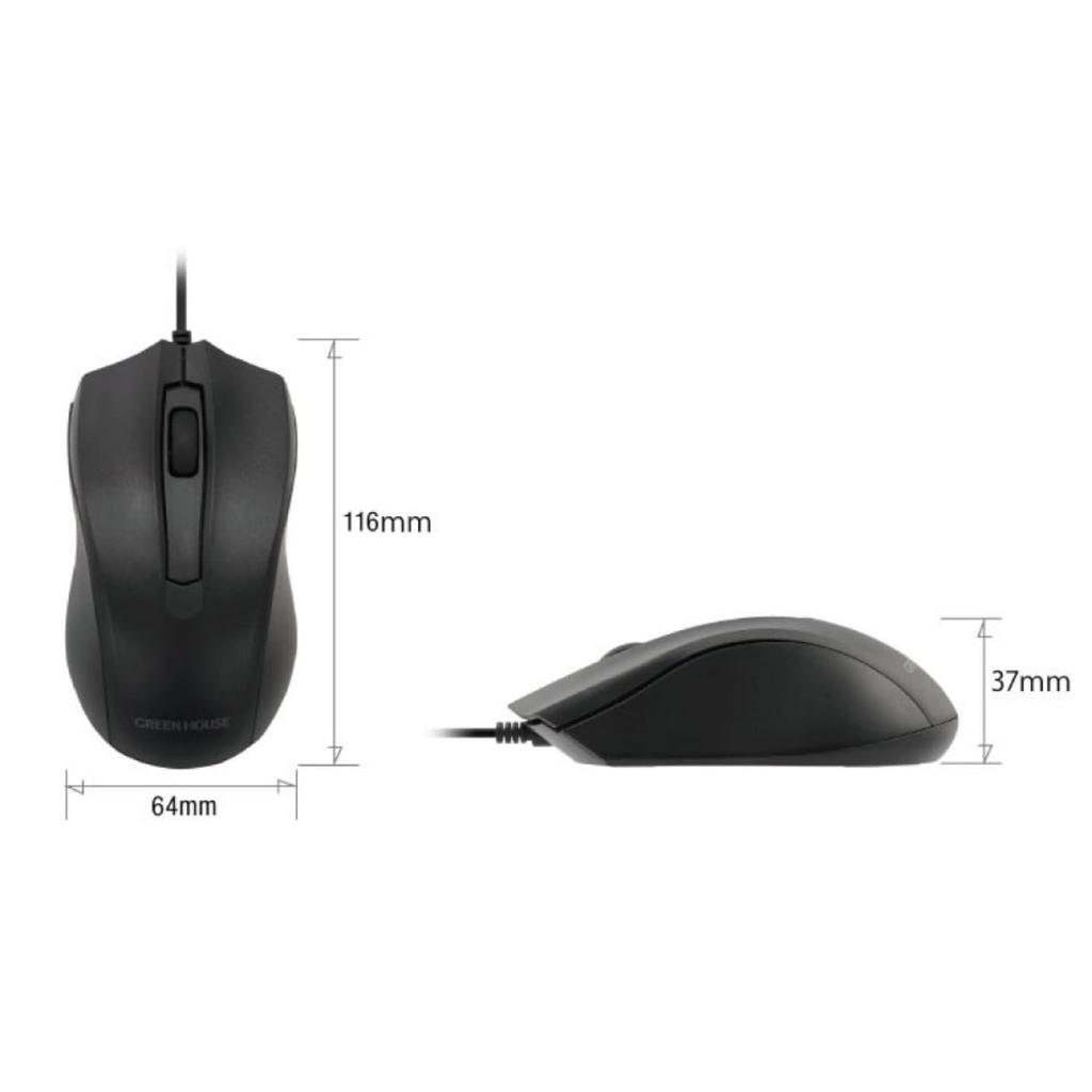 Green House Wired Mouse with Quiet Buttons for No Annoying Clicks (GH-EMUDQOA-BK)