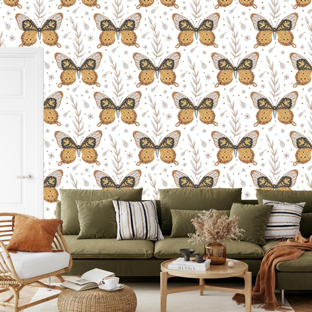Rainbows and Butterflies Boho Wallpaper, Gold and Light Gray, 50x1000