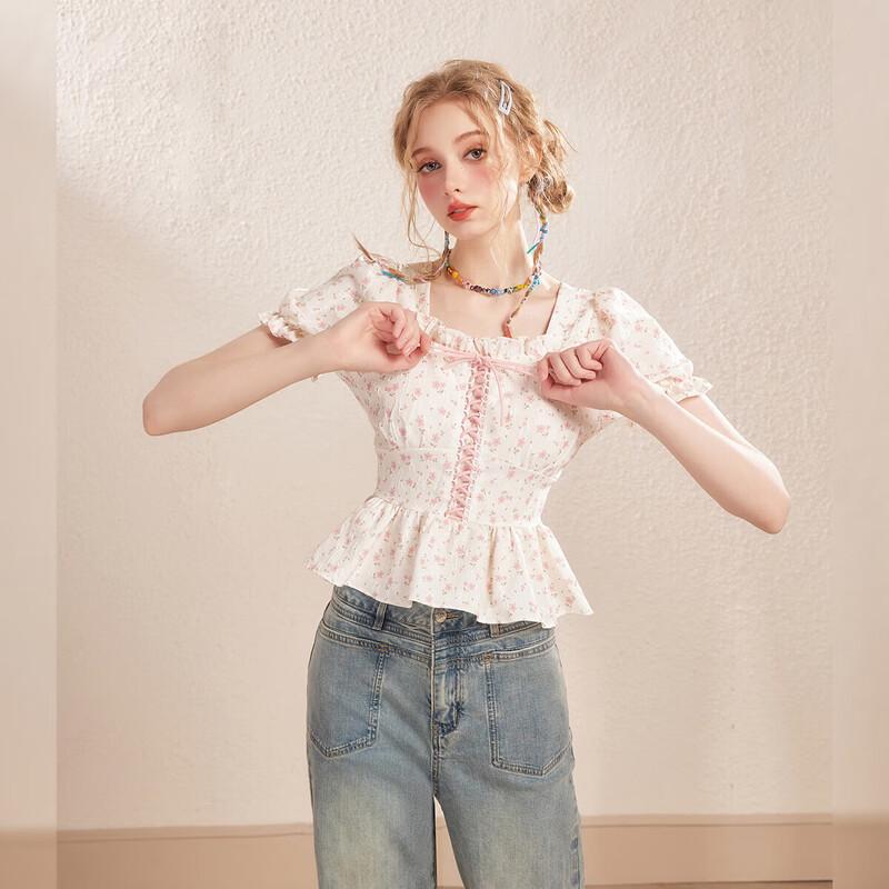 UNIFREE French Square Collar Floral Chiffon Blouse with Puff Sleeves One Size