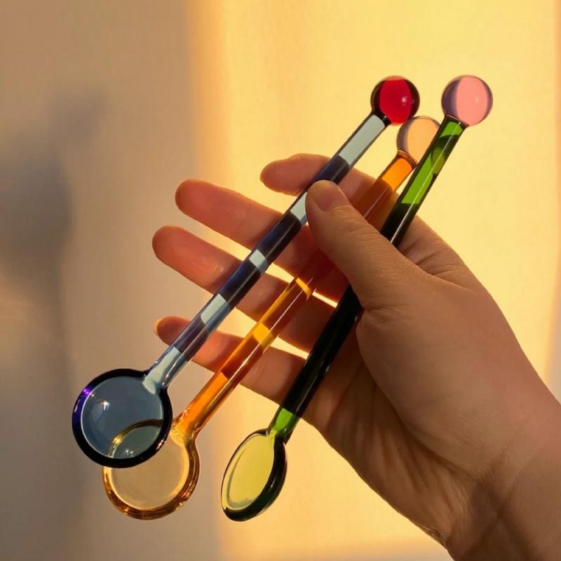 Colorful Clear Coffee Glass Cup Spoon Set Dessert Stirring Spoon Creative Milk Spoon Long Handle Kitchen Tableware Stirring Rod