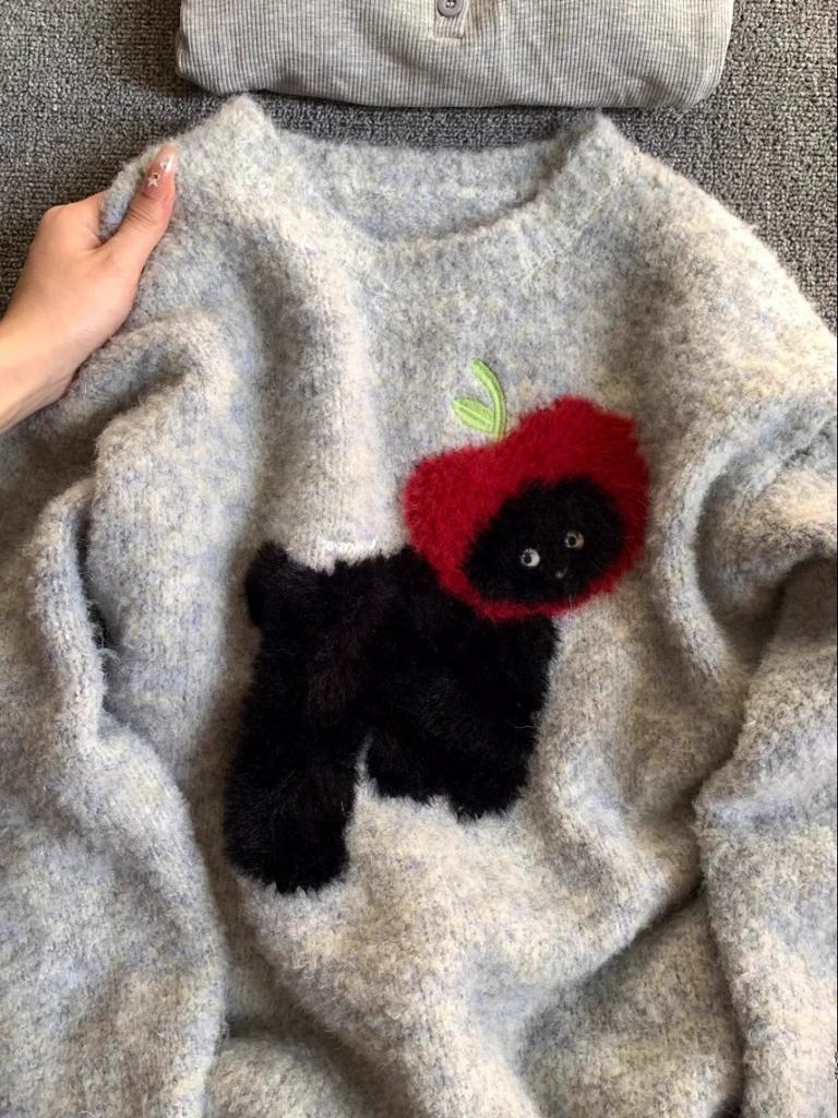 Pulover de damă gri cu câine mic, pulover cu gât rotund, pulovere tricotate, toamnă-iarnă, interior pentru femei, top de bază