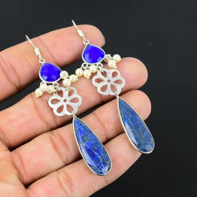 Natural Lapis Lazuli Gemstone Drop/Dangle Earrings 925 Sterling Silver Jewelry