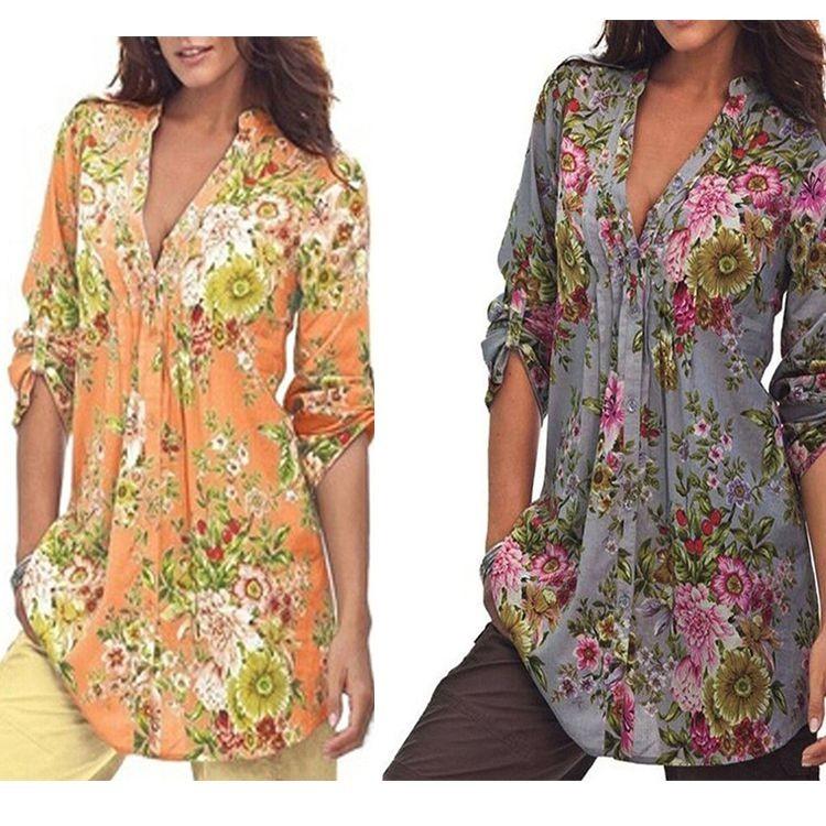 Women Tops Shirt Vintage Floral Print V Neck Tunic Tops Blouse Clothing Gift