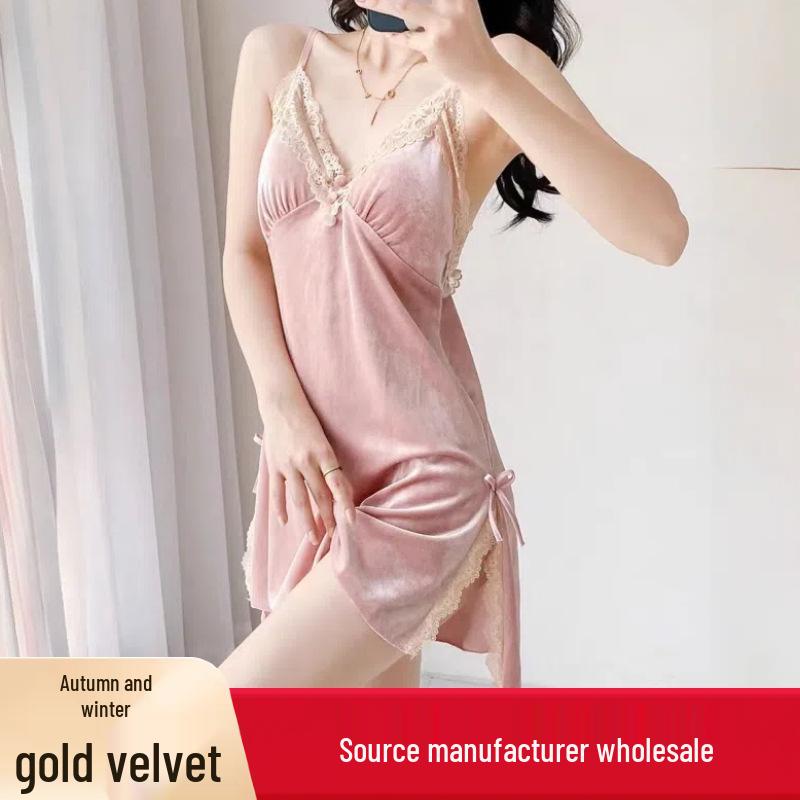 Velvet Lace Slit Nightgown & Robe Set with Spaghetti Straps and Built-in Pads for Autumn/Winter.
