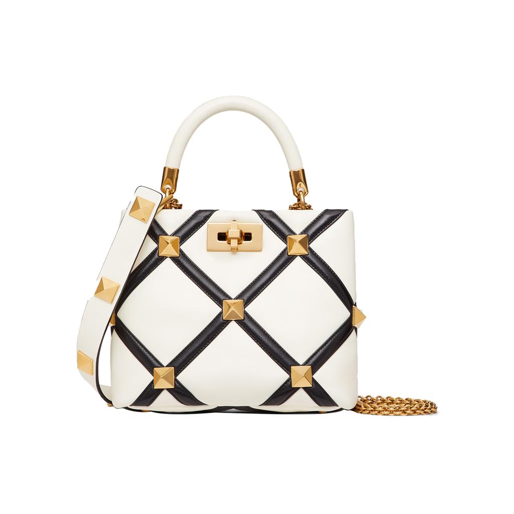 Valentino Roman Stud Series Diamond Pattern Soft Lambskin Removable Adjustable Chain Shoulder Strap Crossbody Shoulder Tote Bag Small WW0B0I97ZDFA81