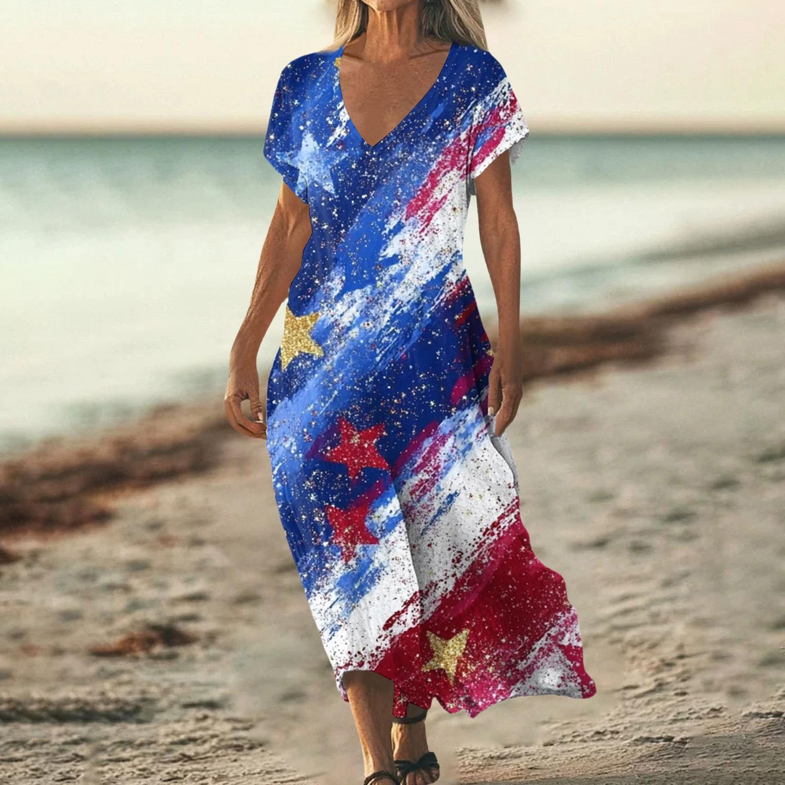 

Summer Dress Women s Long Beach Dress Elegant Dress V-Neck Short Sleeve Summer Dress Light Airy XL